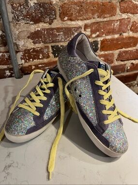 Golden Goose Lavender Glitter Low-Top Sneakers with Yellow Laces made in Italy
